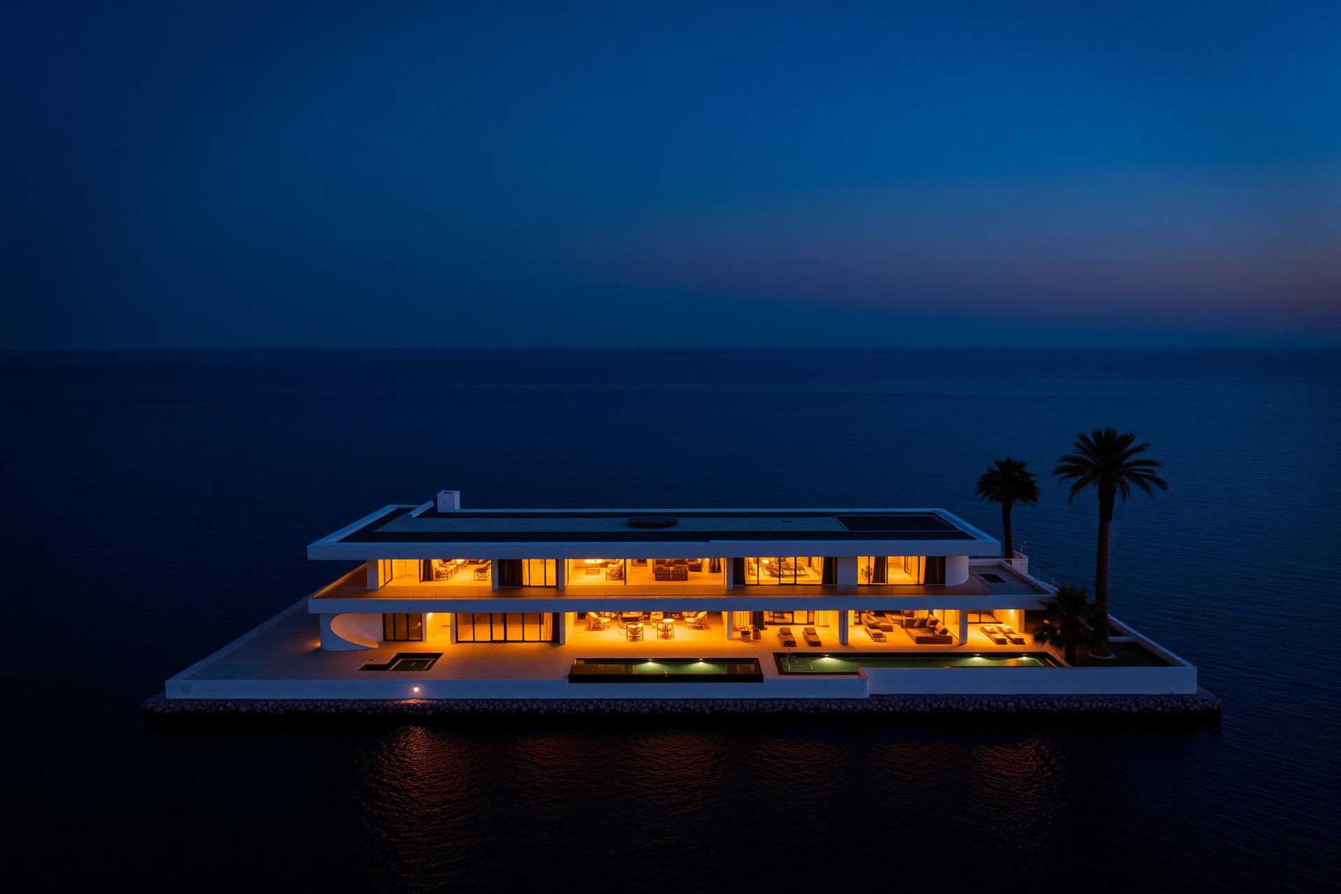 A modernist waterfront villa in the UAE at dusk